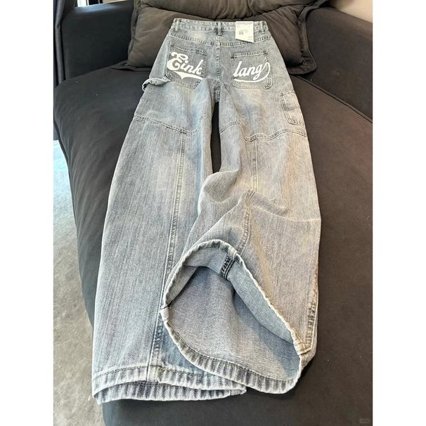 Women's High-Waisted Retro Wide-Leg Jeans – Vintage Letter Print & Comfort Fit (S-XL, Light Blue)_ecoleips.com