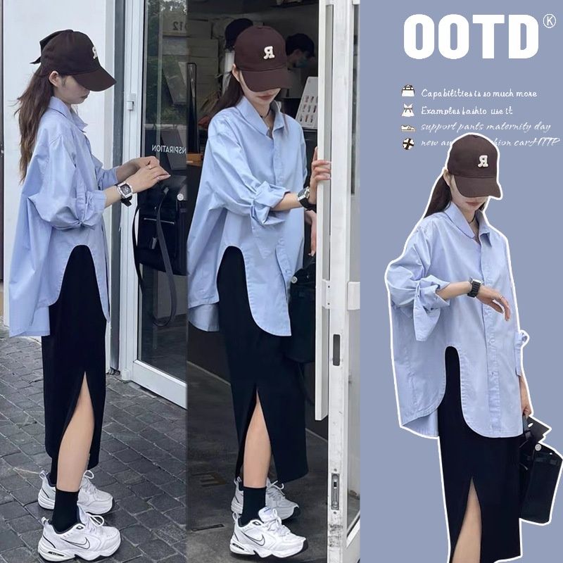 Autumn New Korean Fashion Shirt Top Loose Split Dress Two-Piece Set For Pregnant Women_ecoleips.com
