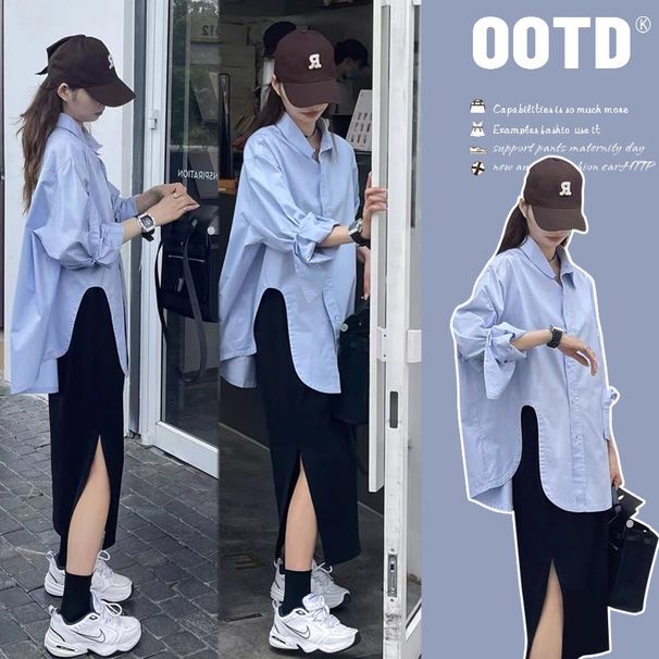 Autumn New Korean Fashion Shirt Top Loose Split Dress Two-Piece Set For Pregnant Women_ecoleips.com