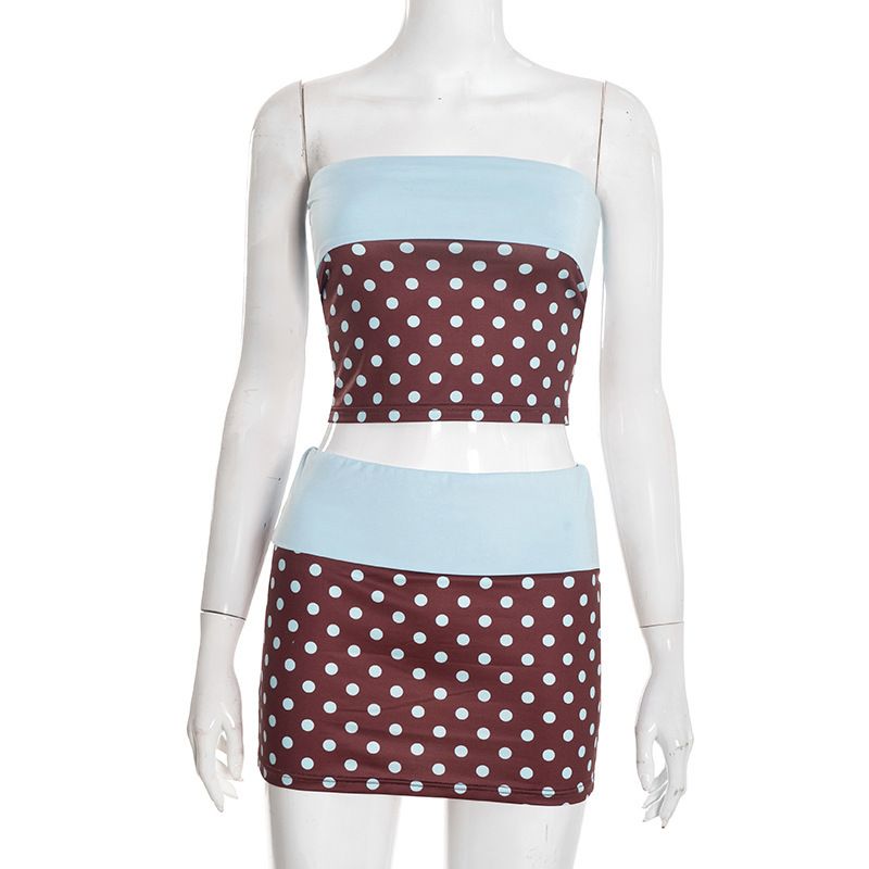 Women's Autumn Winter Strapless Color Blocking Polka Dot Dress Set Relaxed Everyday Wear Comfortable Feshion_ecoleips.com