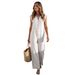 Women's V Neck Sleeveless Linen Jumpsuit – Button Front French Style Casual Resort Romper_ecoleips.com