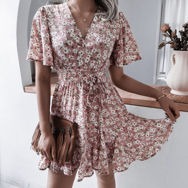 Clearance Sale: Summer European And American Casual Short-Sleeve V-Neck Floral Ruffle Pleated Dress -_ecoleips.com