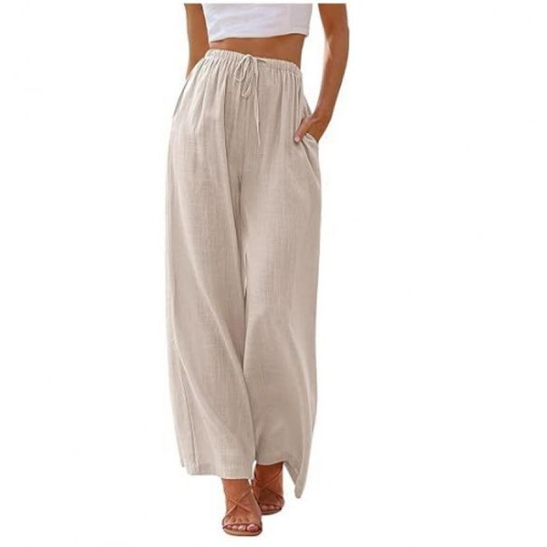 2024 European And American Plus Size Women's Linen Loose Casual Pocket Drawstring Wide Leg Pants_ecoleips.com