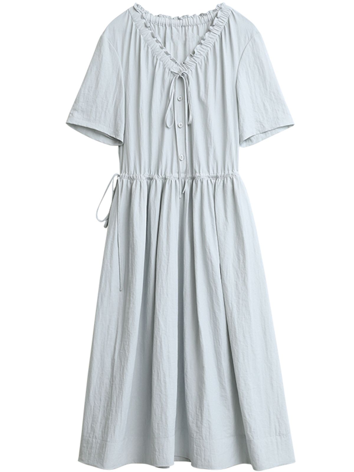 CHIC VEN Women Dresses Blue A Line Solid Short Sleeve Mushroom Lace Waist Adjustable Long Ladies Pullover Dress Summer 2026_ecoleips.com
