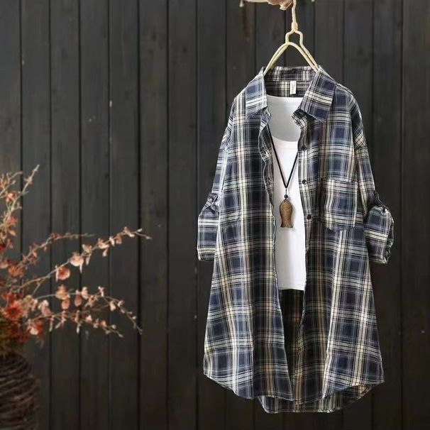 Women's Fashionable Long-Sleeved Casual Cardigan With Large Size And Grid Pattern Versatile And Slim-Fit Top_ecoleips.com