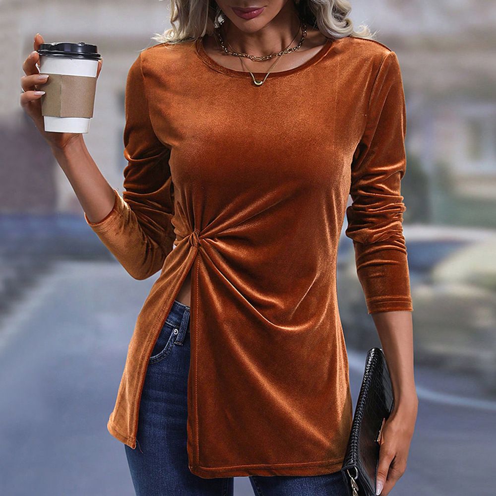 Voya Women's 2026 Autumn And Winter Long Sleeved T-shirt With Irregular Slit Temperament, Sexy Velvet Top For Commuting_ecoleips.com