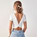 Voya Women's New Sexy Backless V-neck Slim Fit Short Knitted Short Sleeved Fashionable T-shirt Top_ecoleips.com