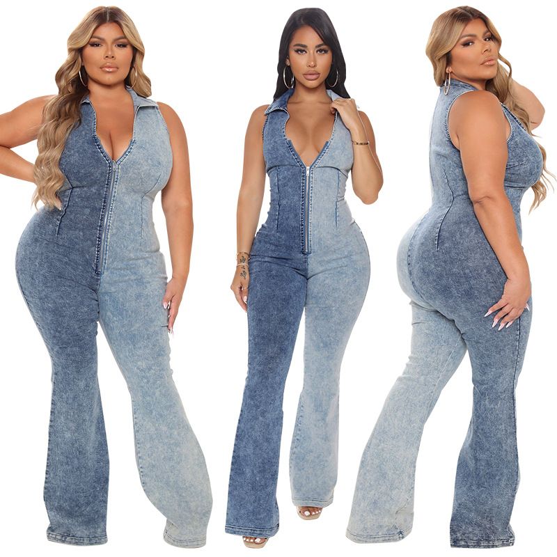Women's Clothing Autumn New Products Color Matching Washed Sexy Denim Jumpsuit_ecoleips.com