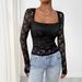 European And American Cross-border 2026 New Women's Lace Floral Square-neck Ruched Design Long-sleeve T-shirt Top_ecoleips.com