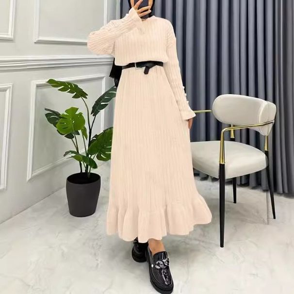 Elegant Muslim Long Sleeve Maxi Dress With Belt - High Waist Knitted Office Dress For Women - Soft Polyester Blend Stretchy Fabric - Beige_ecoleips.com