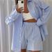 Women's Clothing Casual Striped Long Sleeved Shirt Top High Waist Loose Wide Leg Shorts Suit_ecoleips.com