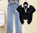 Women's Clothing Short Sleeved T Shirt Polo Shirt High Waisted Denim Wide Leg Pants Two Piece Suit_ecoleips.com