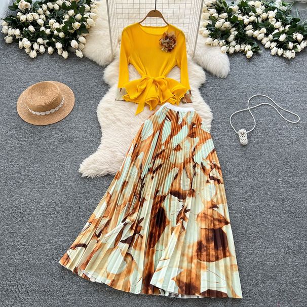 Women's Clothing Three-Dimensional Flower Waist Irregular Pleated Top High Waist Printed Pleated Skirt_ecoleips.com