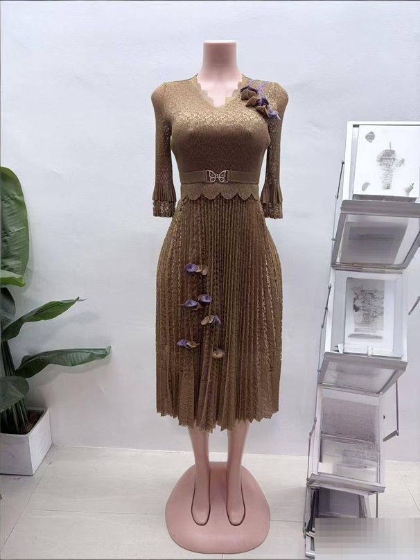 Women's Clothing Plus Size Clothes Elegant Lace Collar Lantern Sleeve Dress – High-Waist Mesh Faux Two-Piece_ecoleips.com
