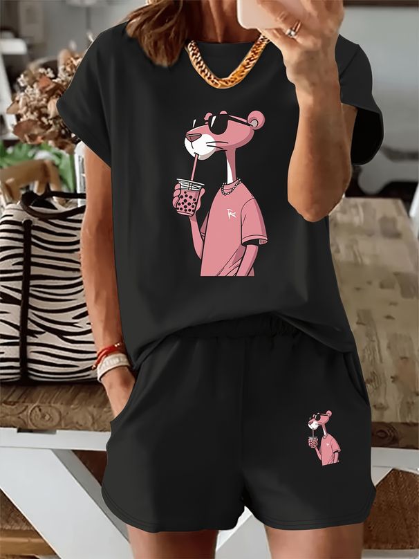Summer New Pink Cartoon Animal Print T-Shirt, Casual Round Neck Short Sleeve Top With Elastic Waist Pocket Women's Two-Piece Set-295_ecoleips.com