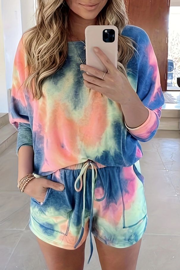 European-style Womens Two-piece Summer Tie-dye Printed Long-sleeve With Straps And Shorts Casual Sportswear Set._ecoleips.com