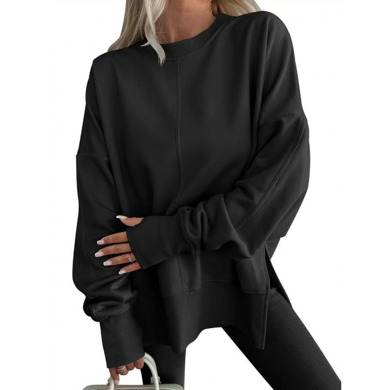 Loose Sweatshirt With Side Slit, Round Collar, Bat Sleeves, And Fleece-Lined Top Wholesale Available_ecoleips.com