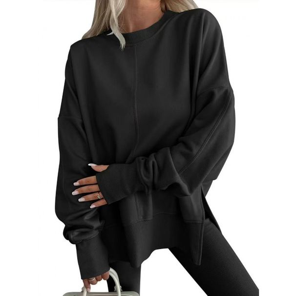 Loose Sweatshirt With Side Slit, Round Collar, Bat Sleeves, And Fleece-Lined Top Wholesale Available_ecoleips.com