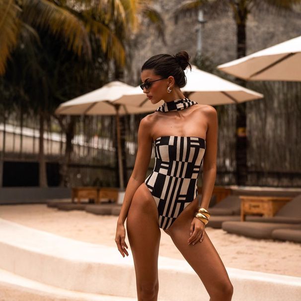 Aria Basics B38 New European And American Foreign Trade Swimsuit, Feminine Strapless Striped Print Tie-up Bikini One-piece Swimsuit_ecoleips.com