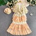 Women's Romantic Pastoral Style Floral Print Dress Bell Sleeve Slimming Elegant Ruffled Long Skirt Summer Vacation Fashion_ecoleips.com