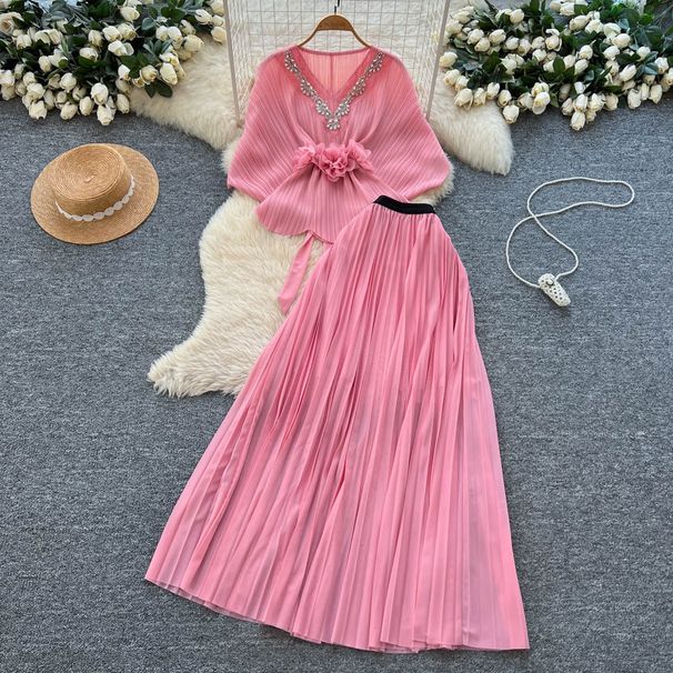 Elegant Red Two Piece Suit For Women Sophisticated Pleated Skirt Cape Waist Cinching Design Perfect For Autumn_ecoleips.com
