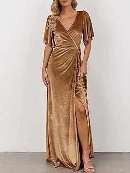 Women's Clothing Sexy Velvet Deep V Neck Slit Temperament Long Skirt_ecoleips.com