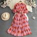 Women's Clothing Light Luxury Temperament Short Sleeve Round Neck Waist Slim A Line Printed Pleated Elegant Dress_ecoleips.com