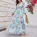 Women's Clothing Printed V Neck Lantern Sleeve Waist Dress_ecoleips.com