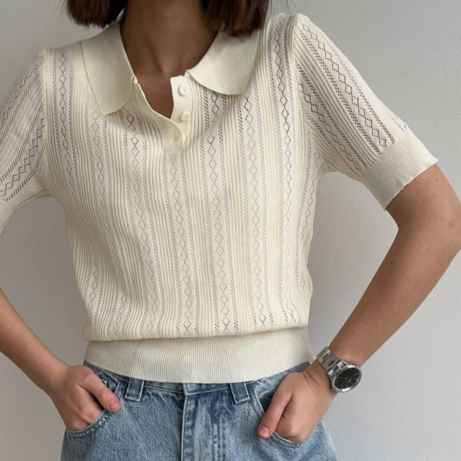 "Women's Lace-Knit Short Sleeve Top - Cutout Collar Design, Breathable Summer Knitwear, Unique Y2K-Inspired Blouse (Ivory/Black)"_ecoleips.com