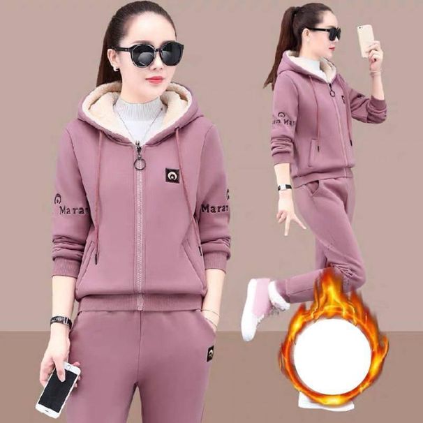 Women's Clothing Women's Fleece-Lined Hoodie Set - Thickened Winter Warm Tracksuit With Stylish Print, Plus Size Casual Outfit (Khaki/Pink/Red)_ecoleips.com