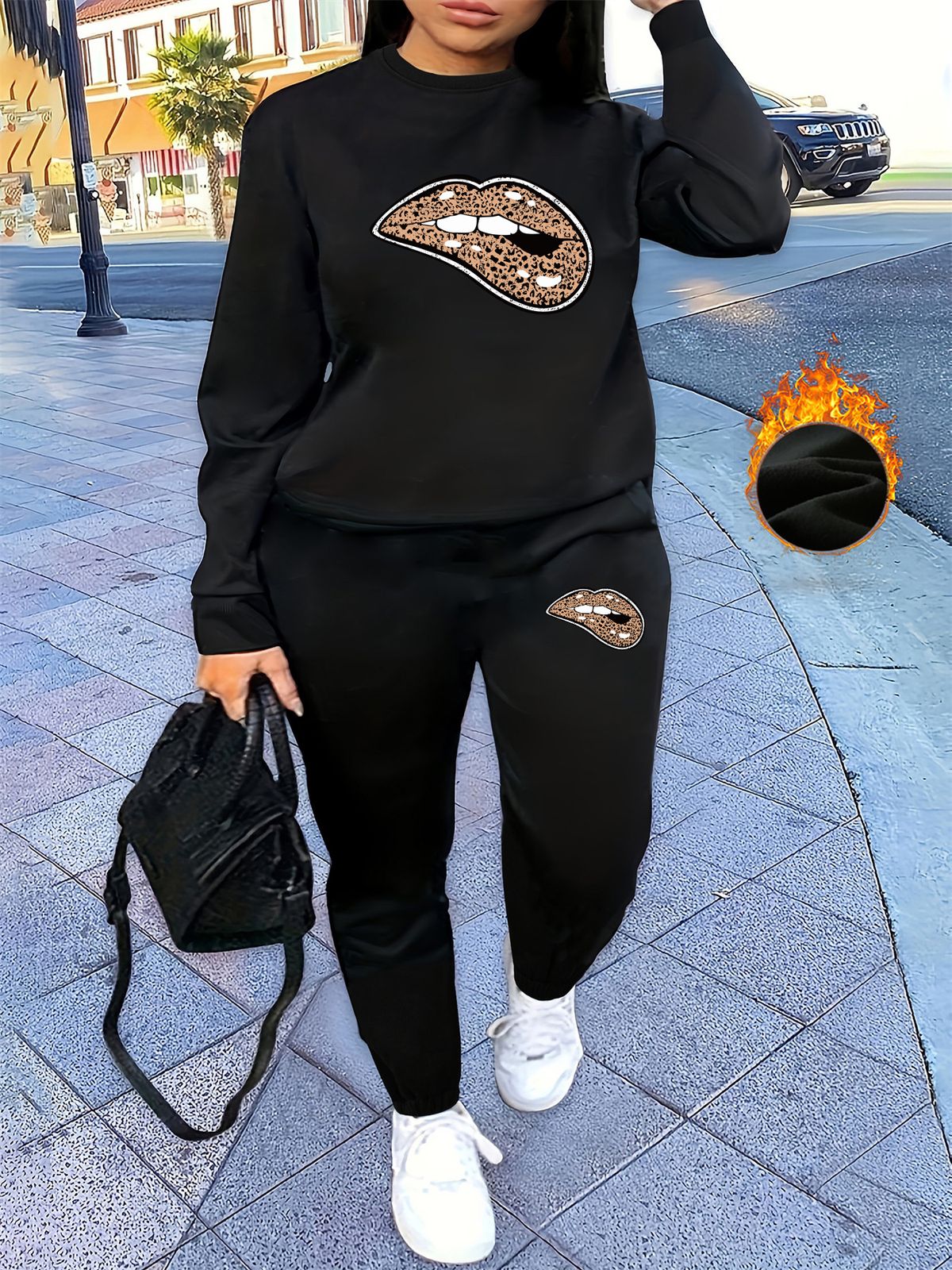 Women's Autumn And Winter Hip-hop Casual Street Leopard Print Lip Print Print Round Neck Sweatshirt+sports Pants Warm Suit-615_ecoleips.com