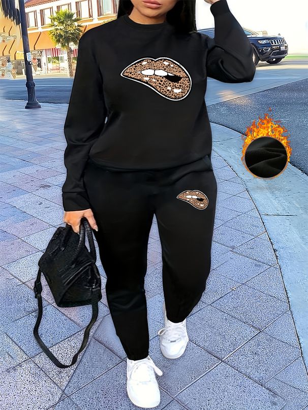Women's Autumn And Winter Hip-hop Casual Street Leopard Print Lip Print Print Round Neck Sweatshirt+sports Pants Warm Suit-600_ecoleips.com
