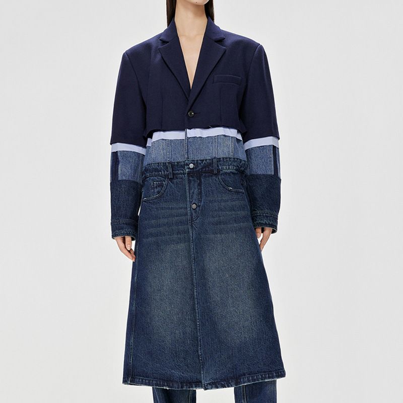 Women's Clothing Women's European American Style Patchwork Denim Trench Coat Niche Wool Color Block Mid-Length Winter Design_ecoleips.com