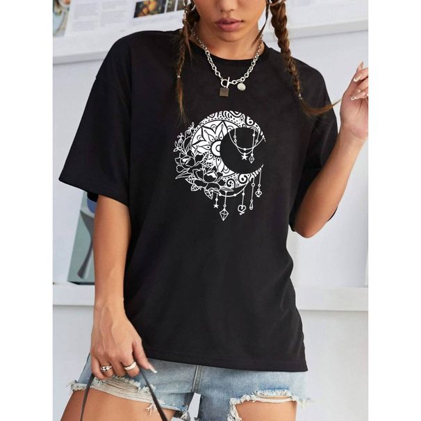 Women's Clothing Women's Casual Black T-Shirt Round Neck Short Sleeve Moon Print Simple Sports Top Style Loose Fit_ecoleips.com