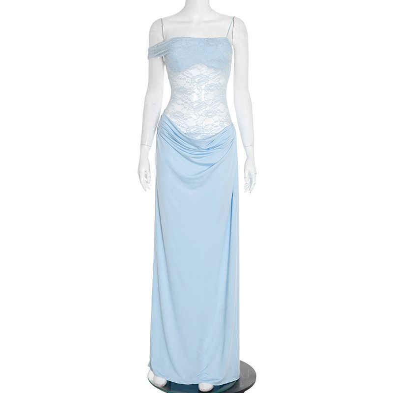 Women's Lace & Solid Color Bodycon Dress – Sleeveless Strap Summer/Fall Tight-Fitting Party Dress_ecoleips.com