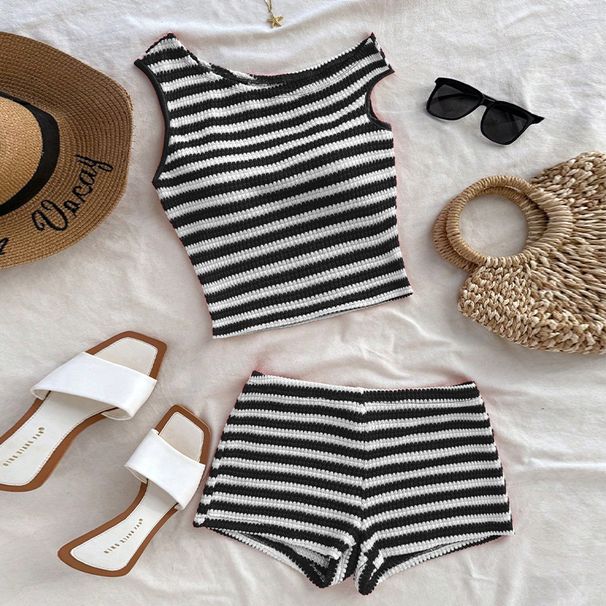 Women's Clothing Striped Tank Top And Shorts Set Summer Knitted 2-Piece Outfit Hot Pants And Top Combo_ecoleips.com