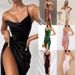Women's Clothing Slim Temperament Sexy Suspender Slit Skirt Fashion Sexy Slit Satin Dress_ecoleips.com