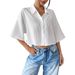 Women's Clothing White Short Sleeve Crop Top Shirt Casual Button Down Blouse_ecoleips.com
