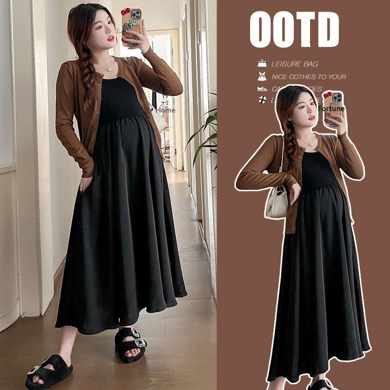 Autumn New Korean Fashion + Knitted Cardigan Two-Piece Maternity Dress_ecoleips.com