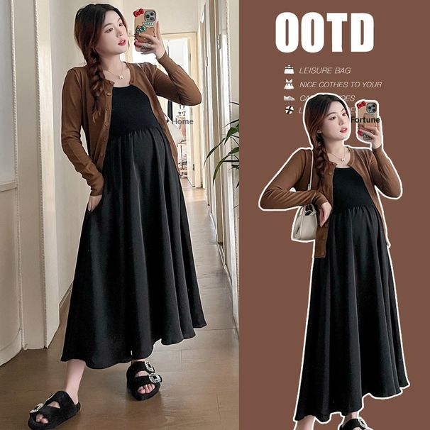 Autumn New Korean Fashion + Knitted Cardigan Two-Piece Maternity Dress_ecoleips.com