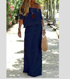 Summer New Arrival Women's Casual Long Dress Solid Color off Shoulder Elastic Waist Short Sleeve European And American Style Q212_ecoleips.com