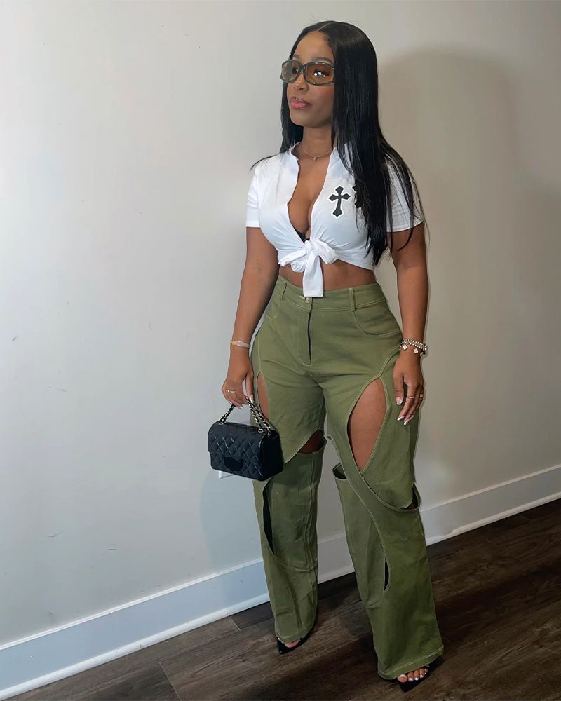 Women's Clothing Contrasting Lines Splicing Hollow Design Casual Pants Hot Girl Fashionable Wear Loose Pants_ecoleips.com
