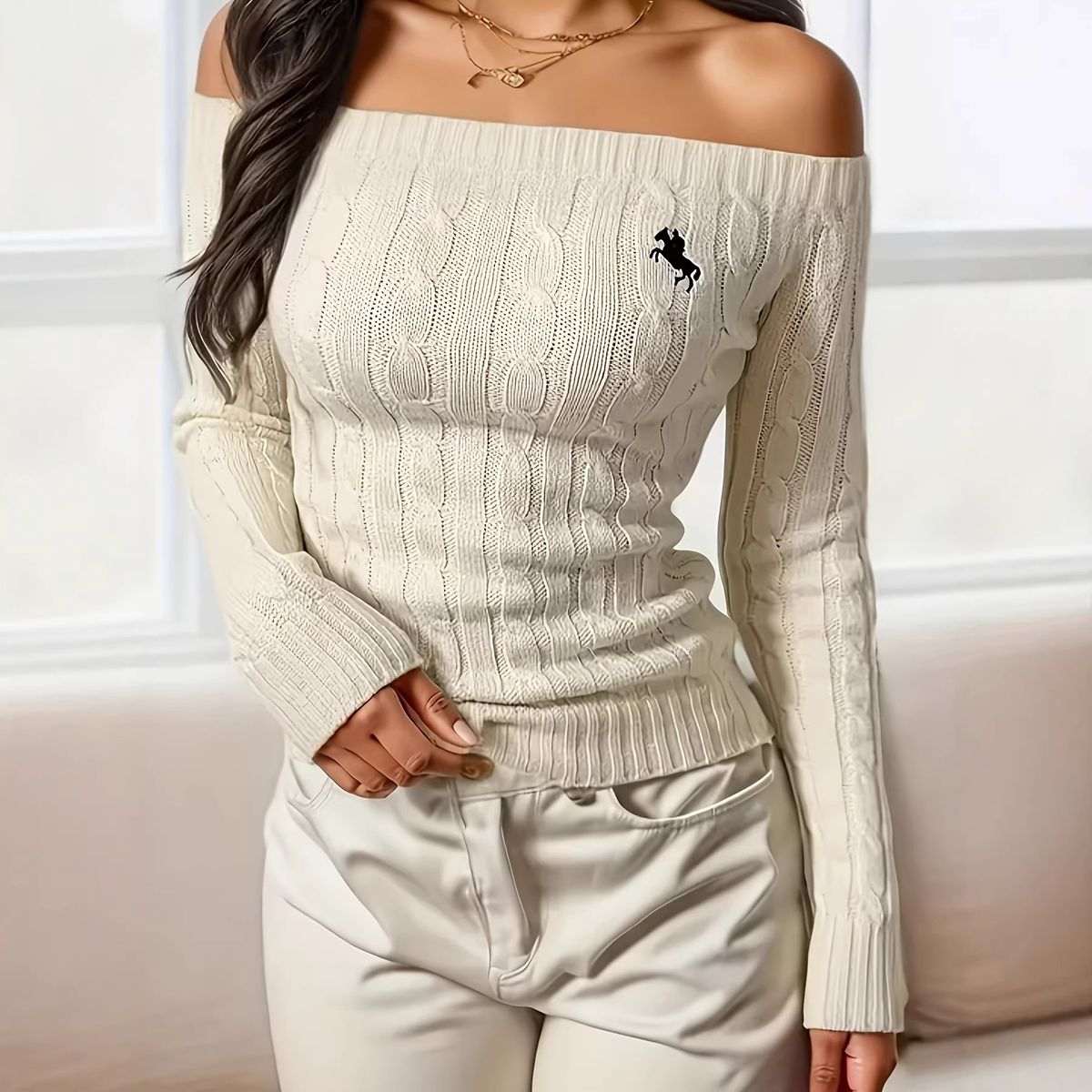 Women's Clothing Off-Shoulder Knit Sweater With Rope Embroidery - Elegant Twist Detail Pullover For Women, Soft Polyester Blend Long Sleeve Top_ecoleips.com