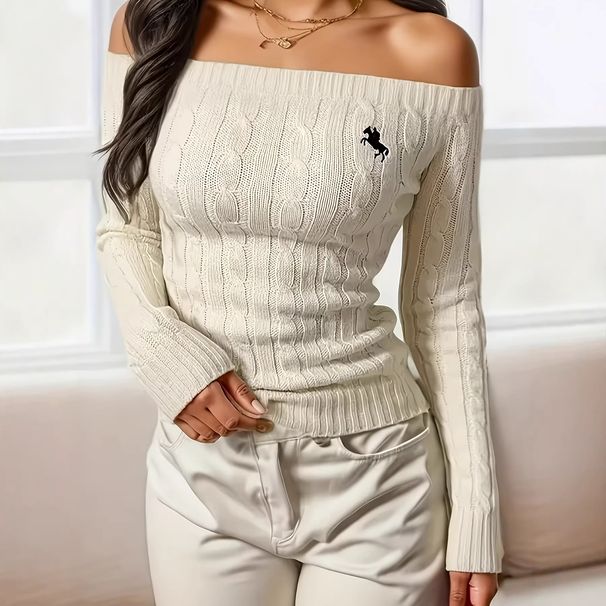 Women's Clothing Off-Shoulder Knit Sweater With Rope Embroidery - Elegant Twist Detail Pullover For Women, Soft Polyester Blend Long Sleeve Top_ecoleips.com