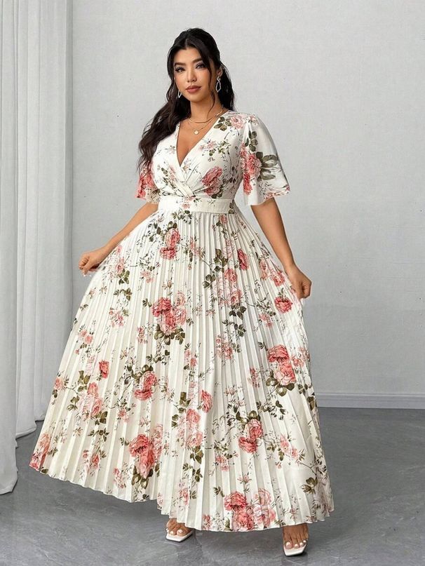 Plus-size Elegant Dress, Summer Fashion Women's Wear, Elegant And Romantic Floral Print Skirt, Short-sleeved V-neck Pleated Flowing Long Skirt, Suitable For Daily Commutes Or Party/wedding Guests, Casual Vacations._ecoleips.com
