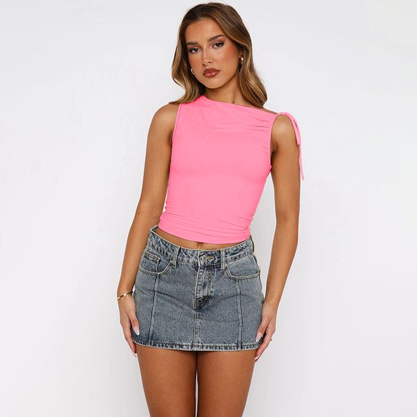 Women's Asymmetrical Neck Drawstring Sleeveless Pleated Crop Top American Style Fashion Unique Spring New Arrivals_ecoleips.com