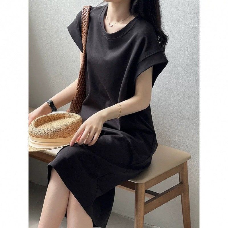 Japan And Korea Casual Summer Large Size Flying Sleeve Dress French Anti-light Loose Niche Medium And Long T-shirt Skirt Women_ecoleips.com
