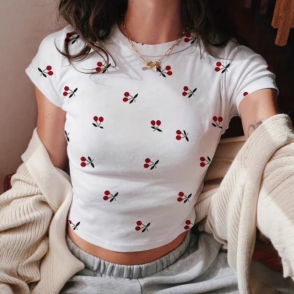 Slim Fit Crew Neck T-Shirt for Women All over Cherry Print Machine Washable Summer Fashion Casual Wear_ecoleips.com