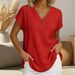Breathable Waffle Knit Short Sleeve Top For Women, Comfortable V-Neck Casual Pullover For Summer Relaxed Fit For All-Day Wear_ecoleips.com