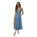 Vintage Women's Square Neck Sleeveless Denim Dress High Waist Belted A-Line Long Casual Summer Dress_ecoleips.com